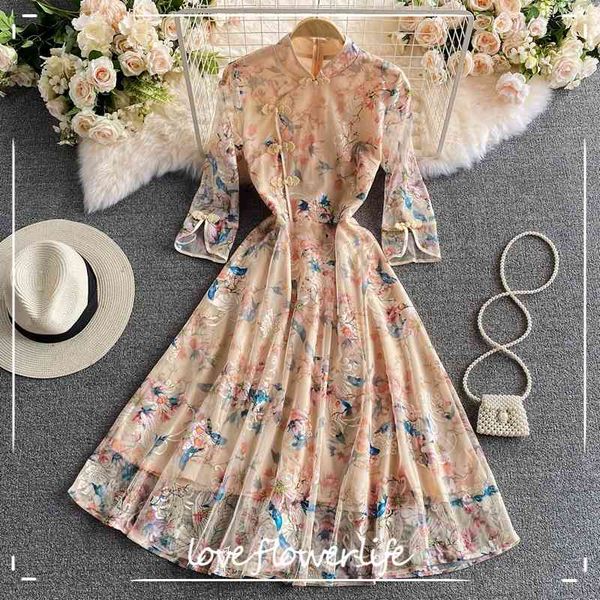 

loveflowerlife summer vintage floral print dress v neck a line elegant stand collar high waist women dresses 210521, Black;gray