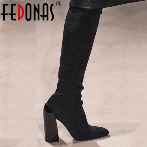 

warm autumn winter women over the knee boots flock tight high socks fashion heels party prom shoes woman, Black