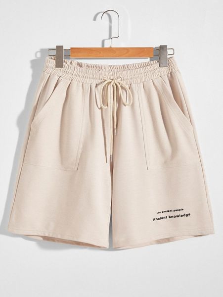 

men slogan graphic drawstring waist track shorts t20d#, Black