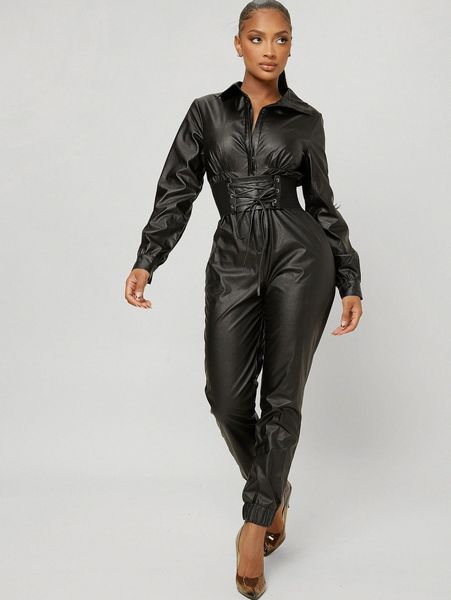 

faux leather long sleeve corset waist jumpsuit p3cv#, White