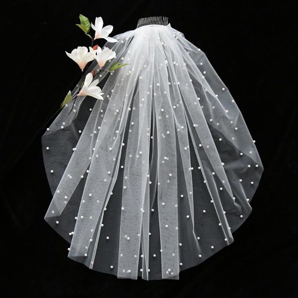 

bridal veils zmv05 veil for bride cathedral wedding headwear accessories pearls simple shoulders multiple, Black
