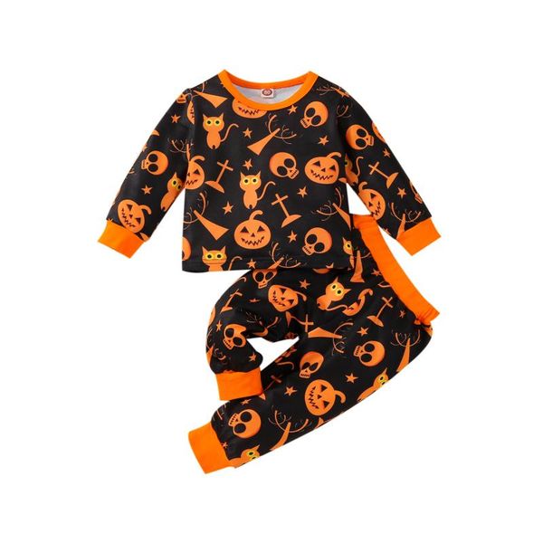 

clothing sets 2pcs kids halloween pajamas, printed long sleeves t-shirt + elastic waist pants for girls, boys, 18 months to 5 years, White