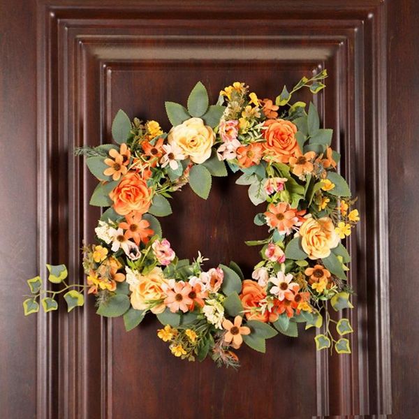 

decorative flowers & wreaths artificial chrysanthemum daisy peony flower wreath with green leaves for front door window wall wedding party h