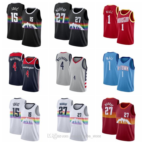 

15 nikola 27 jamal jokic murray 1 john russell wall 4 westbrook city men ncaa basketball jerseys, Black;red