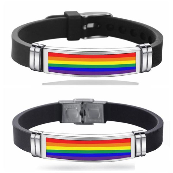 

charm bracelets gay pride bracelet buckle rainbow flag jewelry stainless steel bangle silicone, Golden;silver