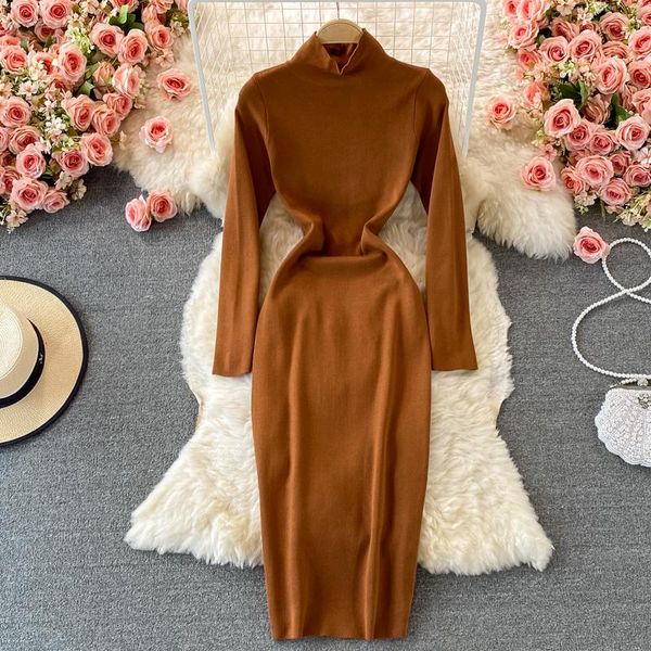 

casual dresses autumn turtleneck slim knitted sweater midi longg dress womens fashion 2021 winter stretch bottoming bag hip a-line lady, Black;gray
