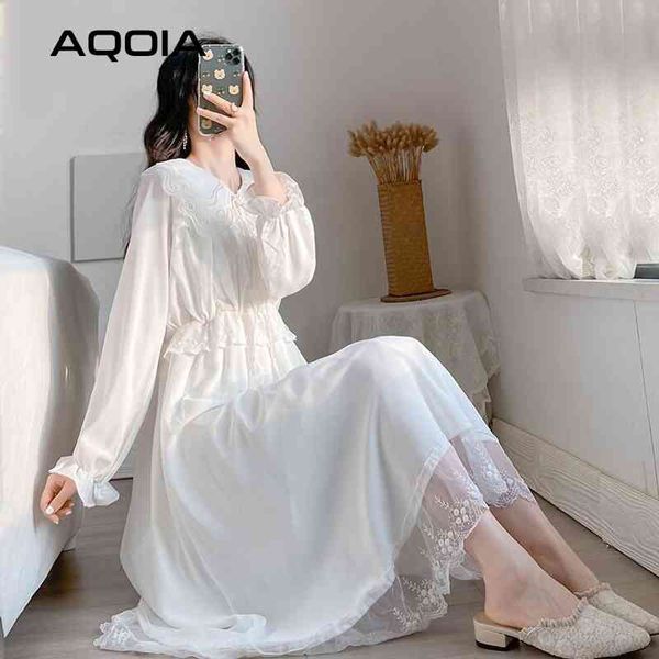 

spring elegant lace women long dress france court style lantern sleeve peter pan collar ladies dresses empire white 210521, Black;gray