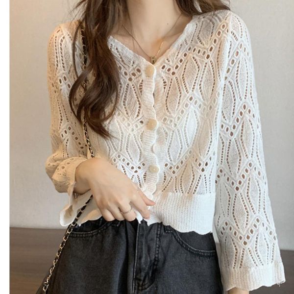 

women's knits & tees hollow out thin cardigan coat sweater autumn 2021 korean loose and versatile long sleeve bottomed top, White