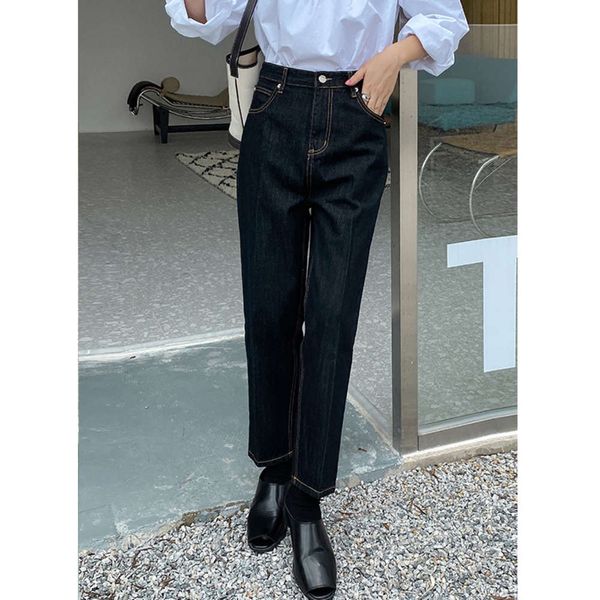 

leisure high waist midline nine point women's autumn washed slim pants, Blue