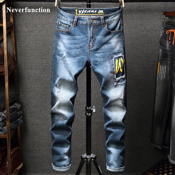 

jeans men blue hip hop personality printed destroyed holes slim fit streetwear cotton male motorcycle biker denim