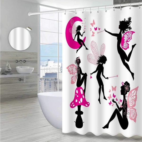 

fairy funny shower curtains for bathroom 72" w x 96" l, girl silhouettes sitting on moon mushroom winged fantastic dreamy