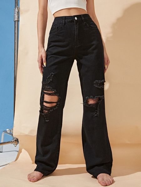 

high waist ripped straight leg jeans f1k8#, Blue