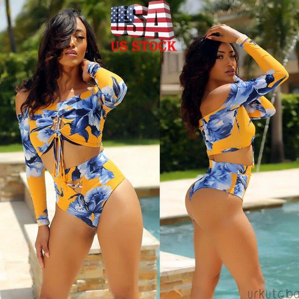 

women's two-piece bikini long sleeve bandage summer yellow swimwear tankini push-up padded bra bathing suit swimsuit one-piece suits