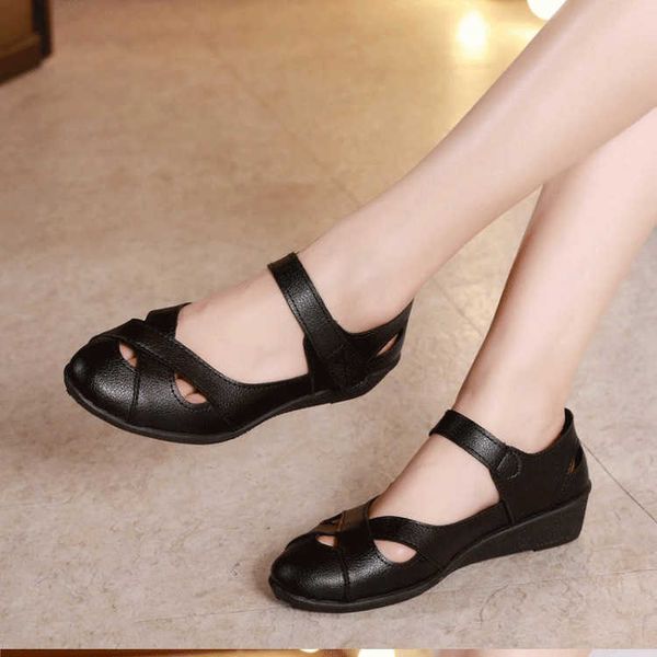 

koovan women's sandals trend middle-aged women sandals wedges mother's shoes summer pu leather ladies leisure shoe 210624, Black