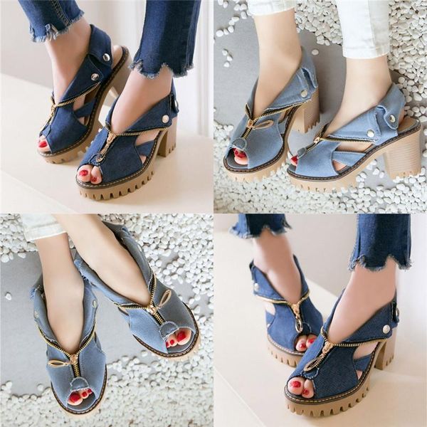 

sandals women high heels summer cuffed denim heel thick platform fish mouth casual shoes ladies zipper, Black