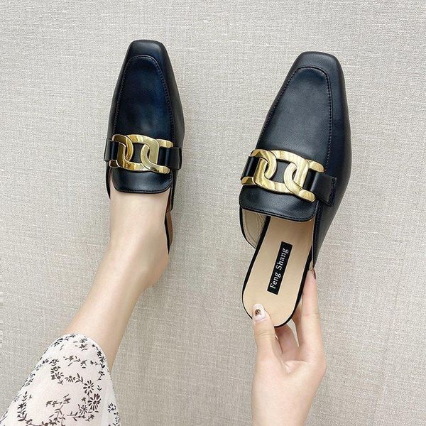 

sandals fashion 2021 women's square head golden chain ladies casual shoes slippers beach, Black