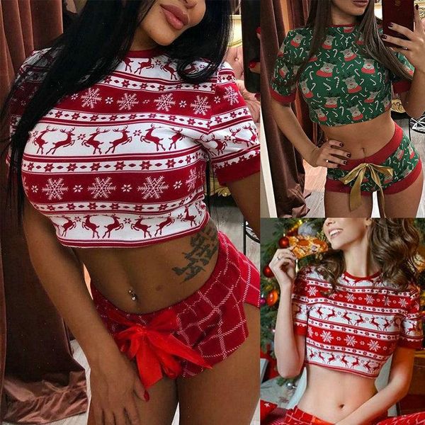 

christmas pajama cute fashion women sleepwear deer printed crop short sleeve bow decor shorts 2pcs homewear sets, Black;red