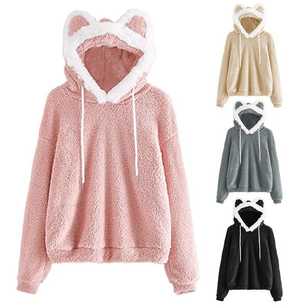 

women's hoodies & sweatshirts women sweatshirt cute ear pullover fuzzy fleece long sleeve causal hoodie woman clothes *8, Black