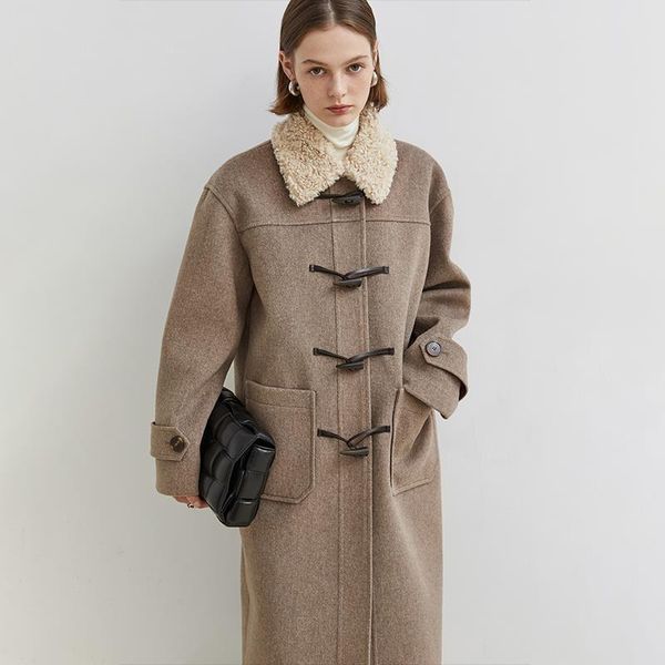 

women's wool & blends elegant lamb collar women outwear fashion horn button autumn winter long cardigans vintage casual ol warm coats, Black