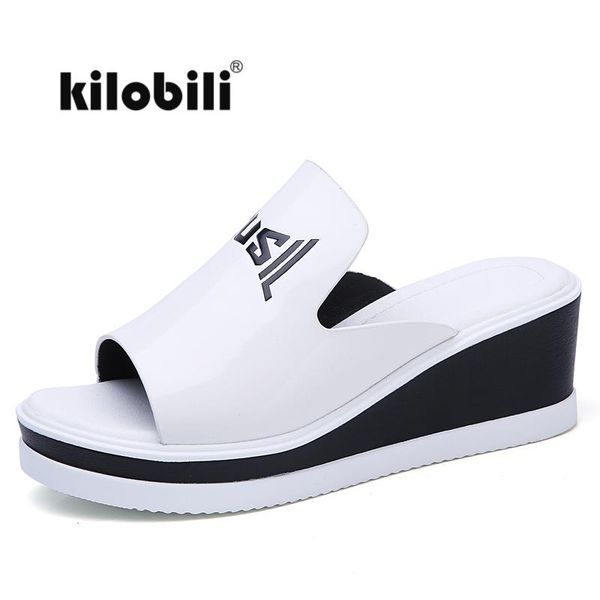 

slippers kilobili 2021 summer women mules wedge platform patent leather high heels ladies sandals white slides shoes flip flops, Black