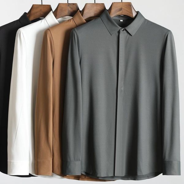 

men's casual shirts fall 2021 business iron-solid color stretch slim pointed collar long-sleeved shirt men, White;black
