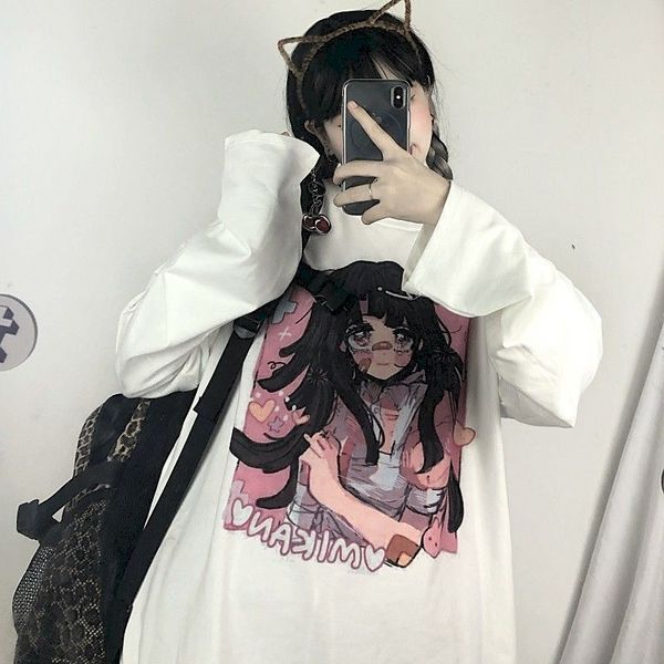 

ins cartoon printed goth tshirt preppy long sleeve autumn women korean style t-shirt punk tees 2021 new fashion t shrt, White