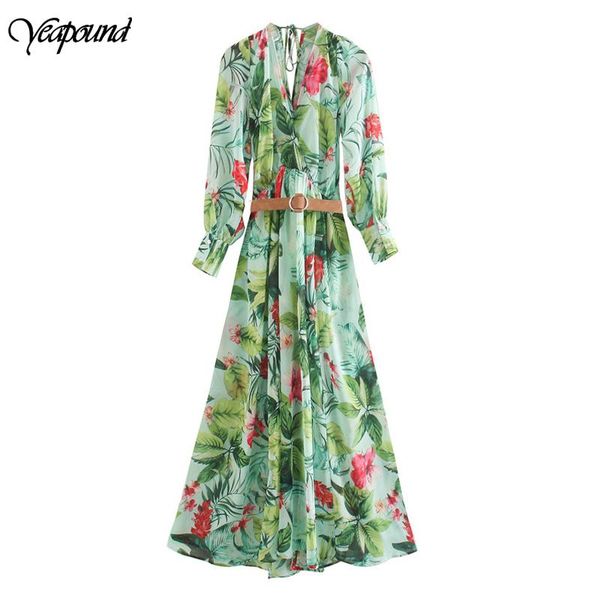 

casual dresses women v neck vintage print bodycon long dress full sleeve with belt elegant chiffon vestido festa, Black;gray