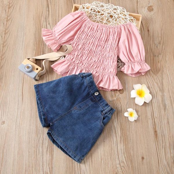 

menoea 2021 summer fashion style toddler girl lantern sleeve folds blouse shirts denim shorts outfits casual 2pcs clothing suits sets, White