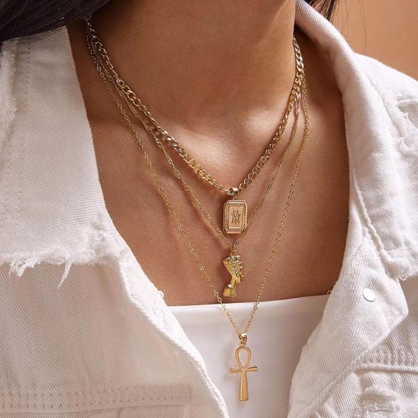 

pendant necklaces fashion exaggerated geometric necklace creative face key multi-layer collarbone chain, Silver