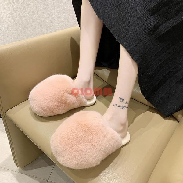 

summer women slippers faux fur slides for fluffy house female shoes woman with pom pon furry, Black