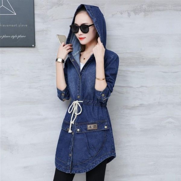 

women's jackets asymmetrical womens medium length denim hooded long sleeve single breasted drawstring waist slim female outerwear coats, Black;brown