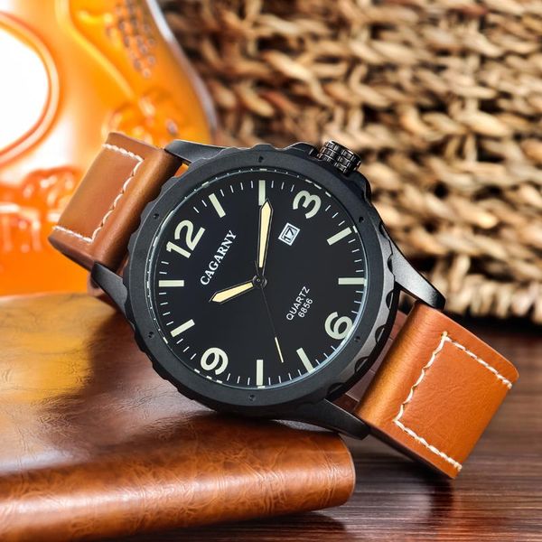 

wristwatches cagarny 6856 fashion trend men's quartz watch automatic date sports leather strap waterproof clock relogio, Slivery;brown