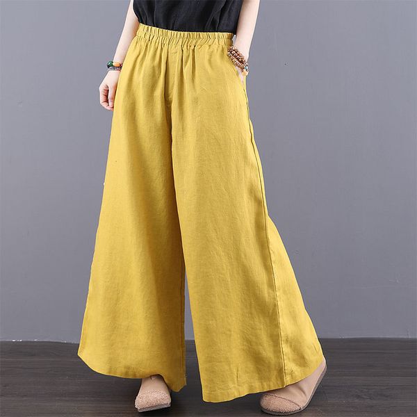 

women's pants & capris arrival 2021 arts style summer women elastic waist solid cotton linen loose ankle-length casual wide leg v318 iv, Black;white