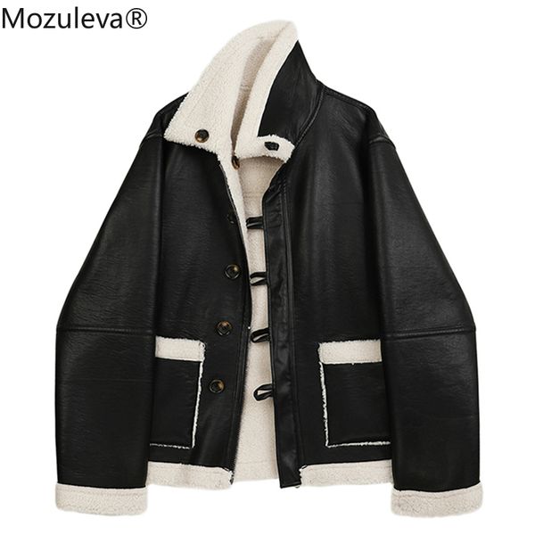 

winter lambswool both side wear pu leather jacket women loose lapel long sleeve coat single breasted warm outwear 210427, Black