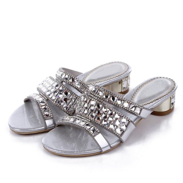 

slippers thick low heel women rhinestone hollow summer diamonds casual, Black