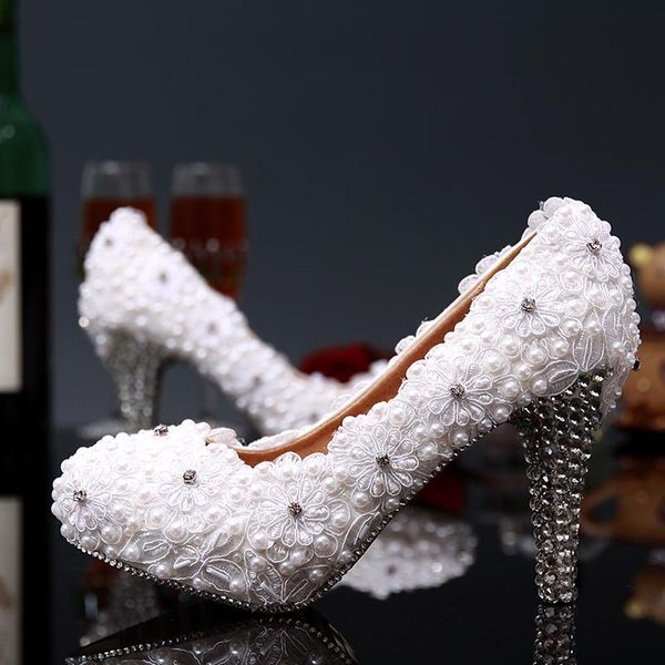 

dress shoes 2021 sweet lace flowers pearl bride wedding dreaming white cute high heel party, Black