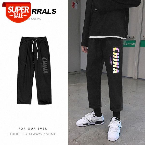 

yemi fashion | reflective printing letters casual men's pants straight loose wide leg hong kong style trendy #lw1c, Black