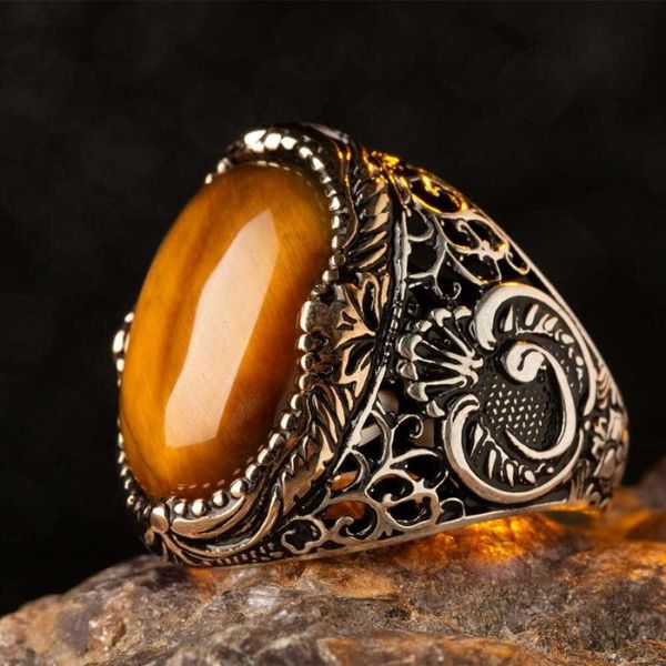 

cluster rings oval brown tiger eye gemstone ring arabic letter vav motif vintage ottoman style handcarved turkish men jewelery, Golden;silver