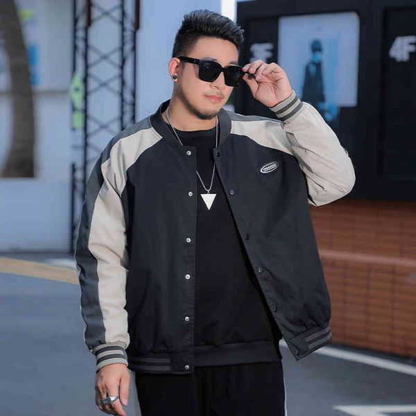 

t373 large men's single breasted jacket black color blocking casual stand collar loose spring and autumn baseball, Black;brown