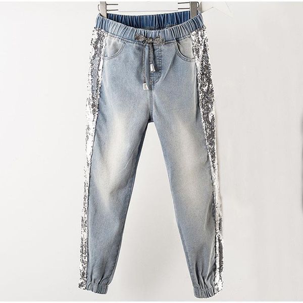 

plus size side sequins womens jean ankle length jogger 3xl 4xl spring summer chi lady blue elastic waist capris denim
