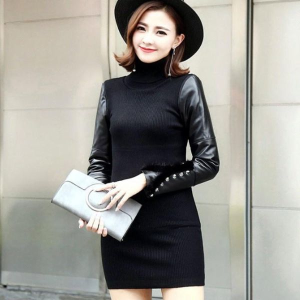 

casual dresses real 100% leather sleeve shirts dress women winter thick warm turtleneck medium knitting streetwear office lady, Black;gray
