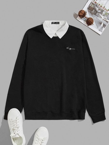 

men colorblock letter graphic contrast collar sweatshirt l1l9#, Black