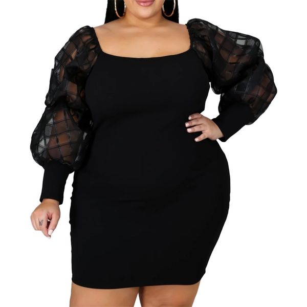 

women plus size dresses long sleeve hollow out bodycon patchwork office ladies 5xl 6xl fashion birthday party robes summer 210527, Black;gray
