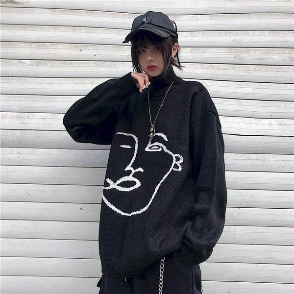 

women's sweaters spring autumn for women plus size long sleeve oversize korean clothes vintage harajuku turtleneck print 5zd4, White;black