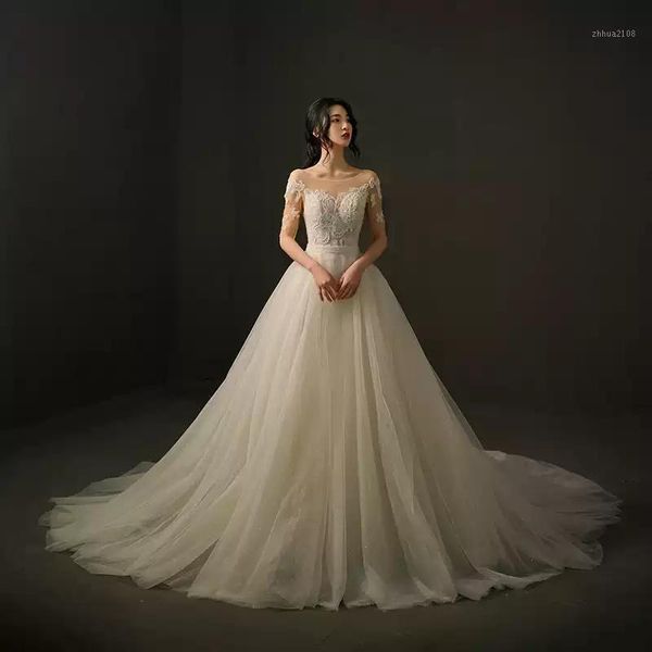 

other wedding dresses illusion o-neck short tulle lace sequined embroidery backless train luxury white vintage women bride gown gb3431