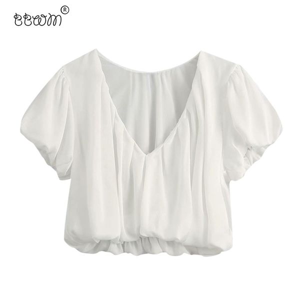 Le donne moda bianco raso raso crotod camicette vintage contro collo manica corta camicie ragazze chic top 210520