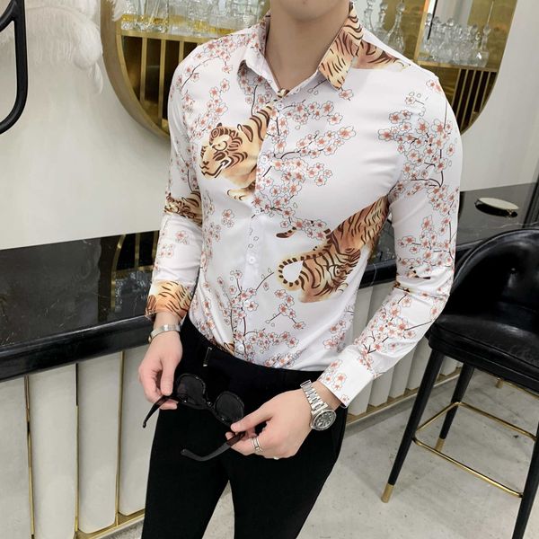 

gold tiger print shirt men slim fit korea casual shirt men chemise homme floral social party club shirt camisa masculina 210527, White;black