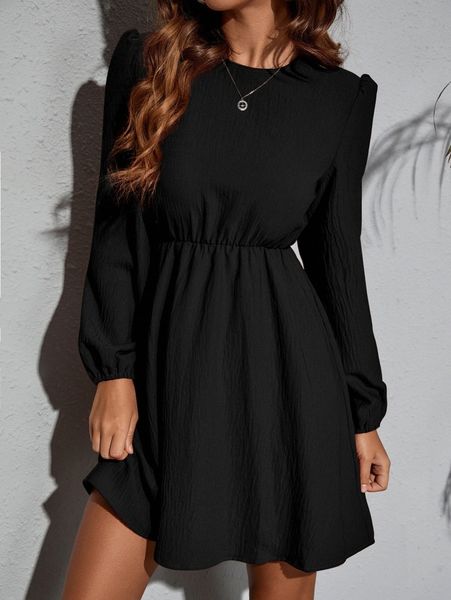 

solid bishop sleeve dress l4se#, Black;gray