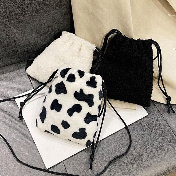 

waist bags fashion cow pattern shoulder bag women plush soft autumn winter fluffy female mini handbag lady girl travel purse crossby packs