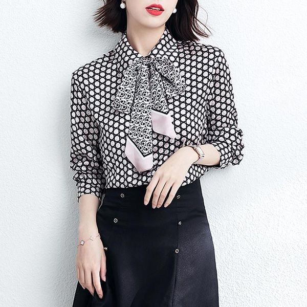 

women's blouses & shirts bowknot polka dot shirt blouse long sleeve vintage chiffon blusas mujer de moda, White